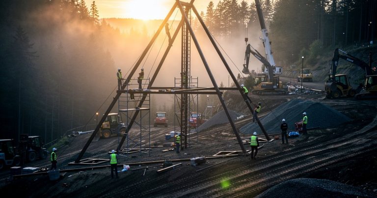OCR race course construction on a forested hillside at dawn