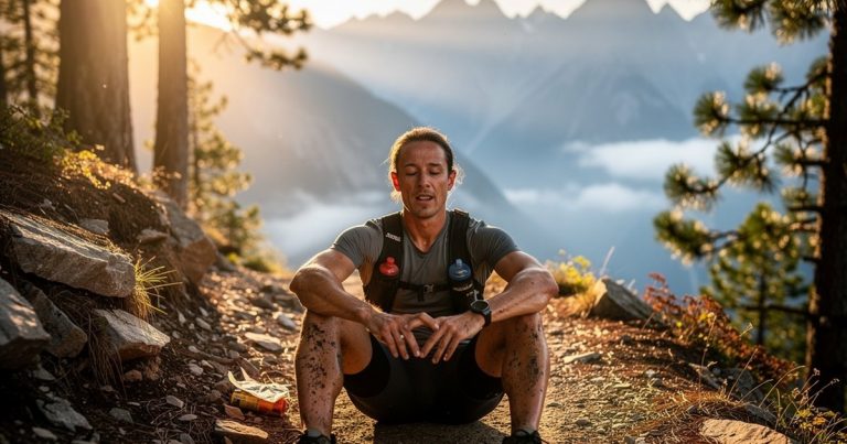 OCR athlete practicing controlled breathwork on a mountain trail during a race