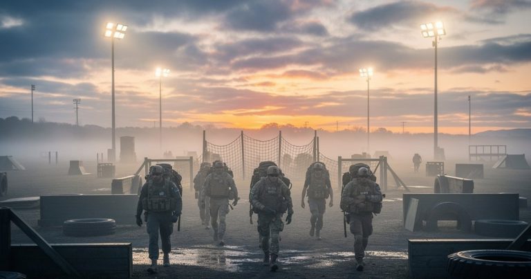 Athletes in tactical gear completing a military-style OCR obstacle course at dawn