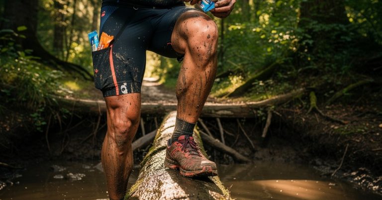 OCR athlete fueling with energy gel during long muddy training obstacle run