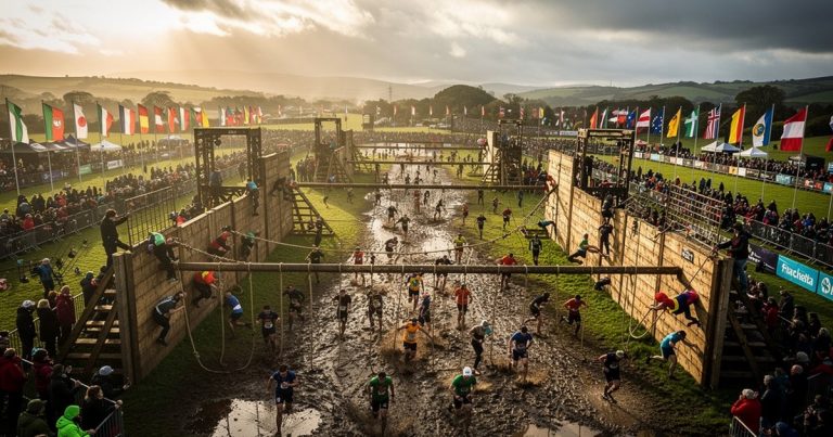 International OCR World Championships athletes racing across a massive obstacle course at a green racecourse venue