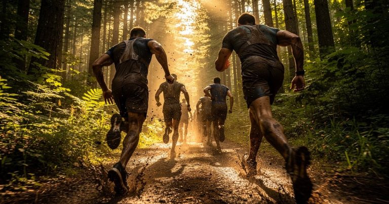 Athletes racing through a muddy forest OCR course at golden hour