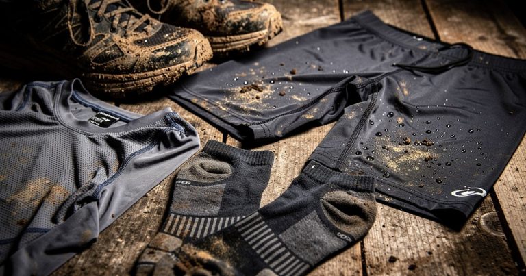OCR race apparel kit laid out with dried mud and performance details visible