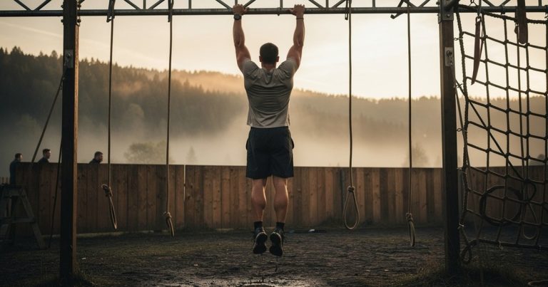 OCR athlete hanging from overhead rig obstacle at dawn, shoulder strength training