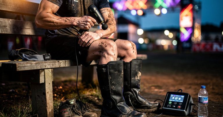 OCR athlete using percussion massage gun and compression recovery boots after a race