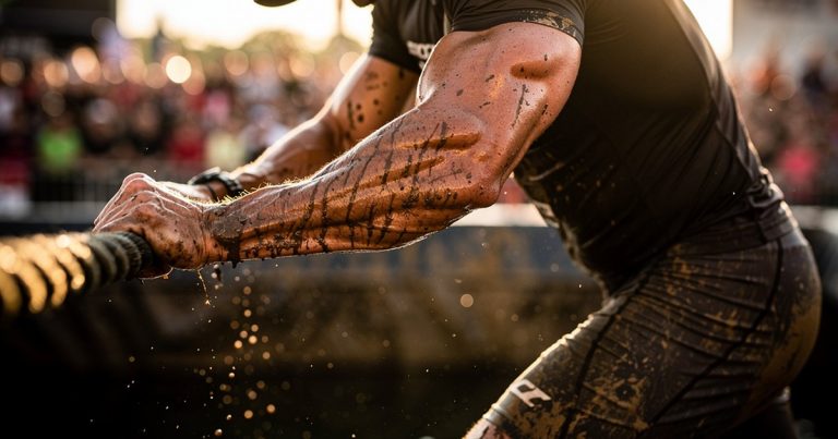 OCR athlete gripping rope obstacle over mud pit during race