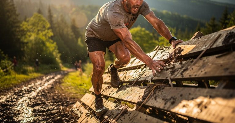 Masters-age OCR athlete scaling a wall obstacle on a muddy trail course