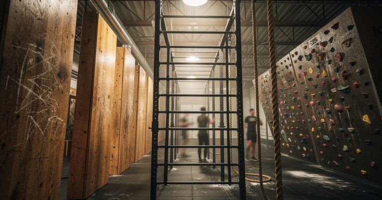 Purpose-built OCR obstacle training gym interior with rigs and walls