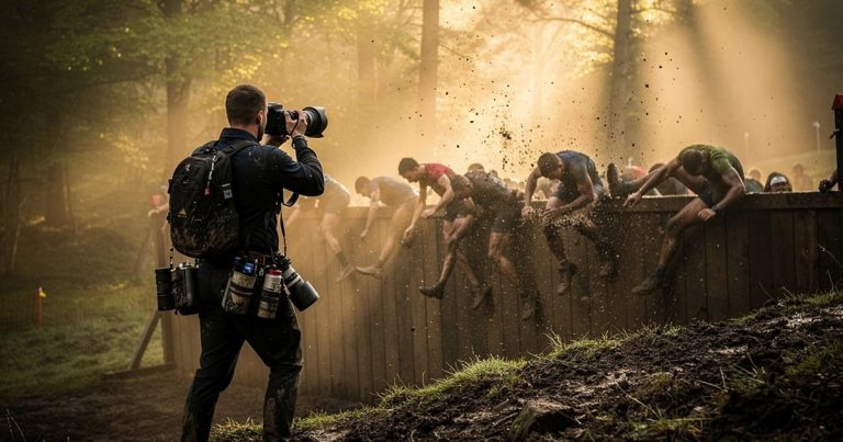OCR event photographer capturing athletes at a race obstacle in dramatic morning light