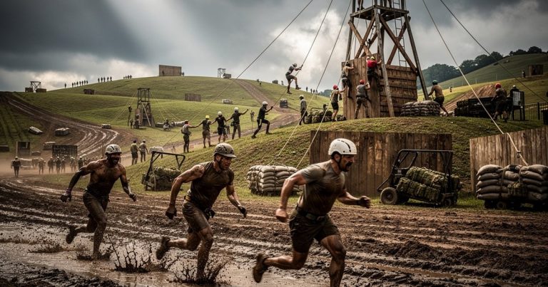 Athletes competing on a military-style OCR course with rope climbs and cargo carry obstacles