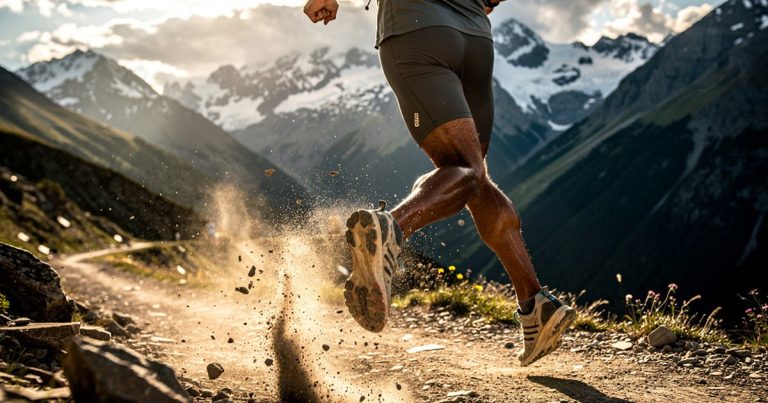 Elite OCR athlete racing on rugged alpine trail toward championship finish