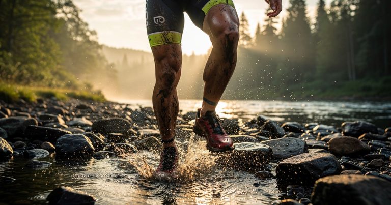 OCR athlete crossing a water obstacle at dawn, transitioning from swim to obstacle course terrain