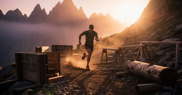 OCR athlete racing through a mountain obstacle course at sunrise, competitive amateur racer on rugged terrain