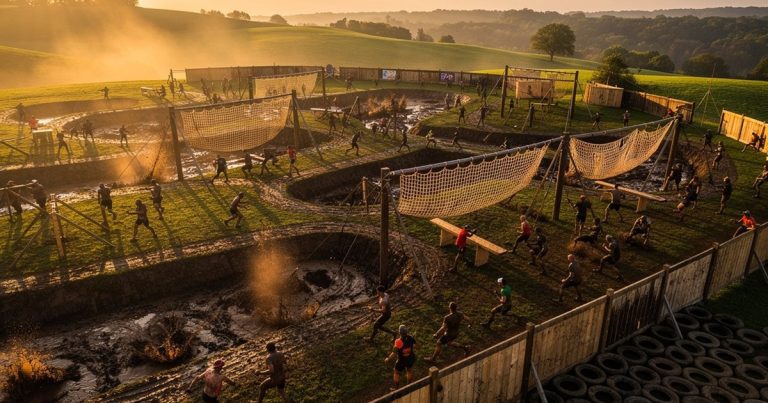 Aerial view of an OCR race venue at golden hour with obstacles and athletes spread across rolling terrain