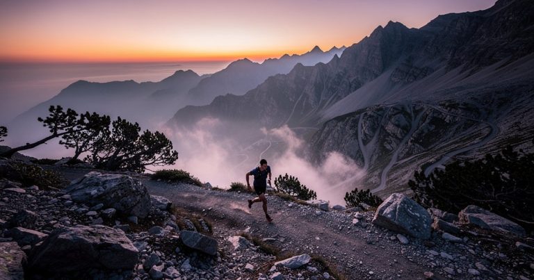 Lone athlete training on a high-altitude mountain trail at dawn with dramatic alpine sunrise