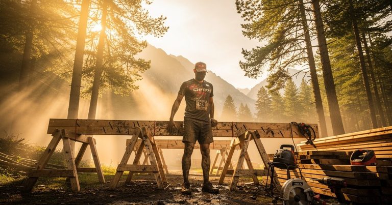 OCR athlete standing at a hand-built obstacle in a mountain forest at golden hour
