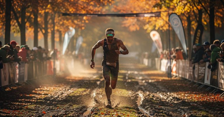 OCR athlete crossing the finish line at a fall championship race