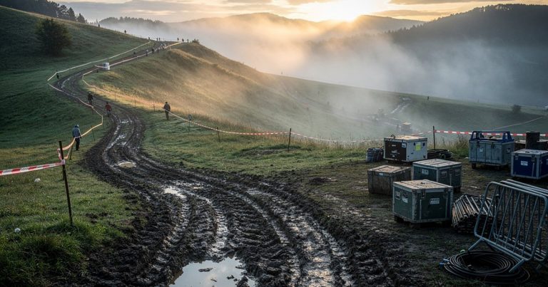 OCR race venue setup at dawn with mist and staging equipment