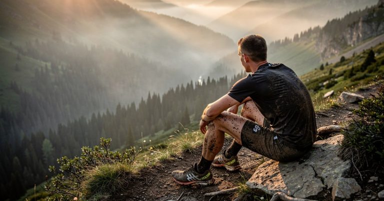 OCR athlete alone on a mountain trail at dawn, overlooking a misty valley
