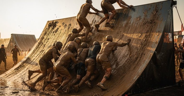 Mud-covered athletes collaborating to scale a massive quarter-pipe wall obstacle on an OCR course