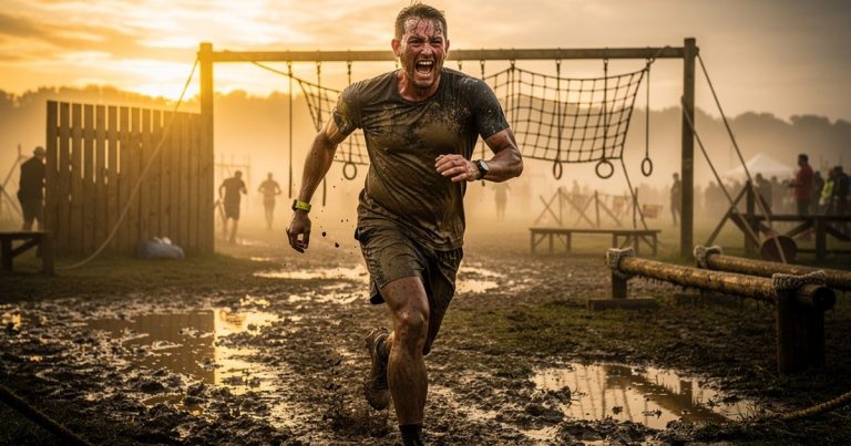 OCR athlete finishing a race at dawn during a back-to-back race weekend