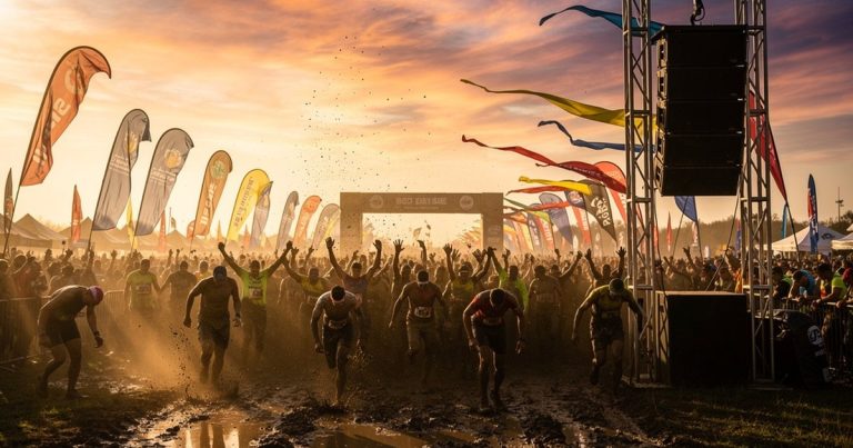 OCR race festival atmosphere at golden hour with athletes crossing finish area