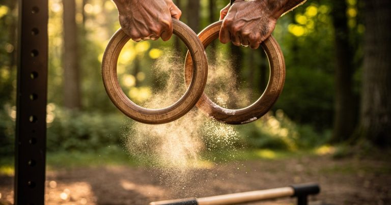 Gymnastic rings and parallettes outdoor training setup for obstacle course racing