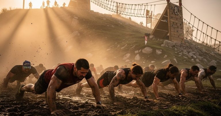 Athletes completing burpee penalties on an OCR course at dawn