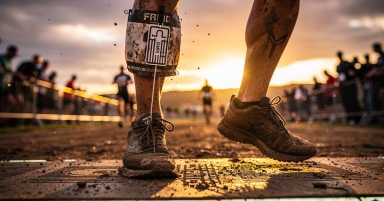 OCR race timing chip on muddy athlete bib crossing finish line