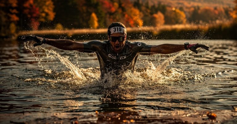 OCR athlete diving into water obstacle during a race