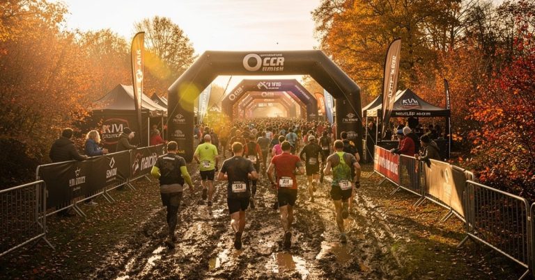 OCR race finish line in autumn setting with athletes and crowd