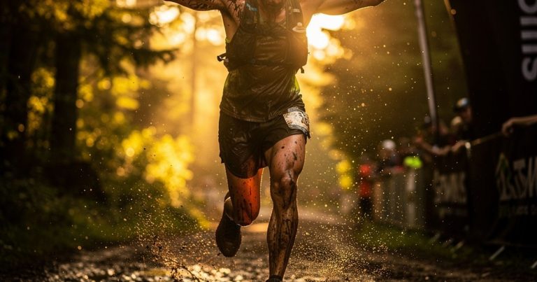 OCR athlete crossing the finish line at golden hour, mud-covered and arms raised