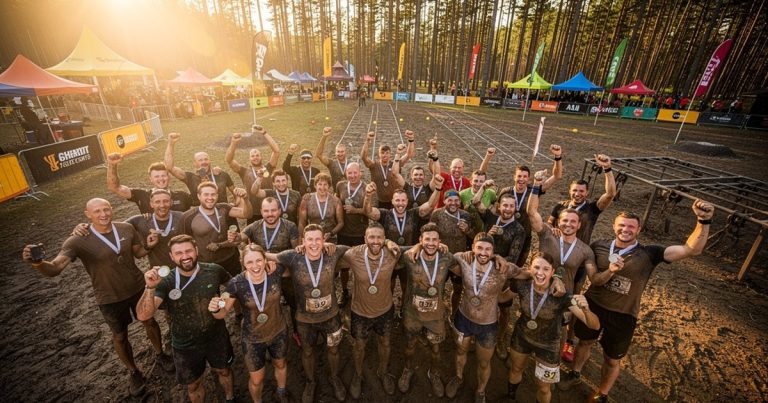 Group of OCR athletes celebrating together at a finish area, wearing finisher medals