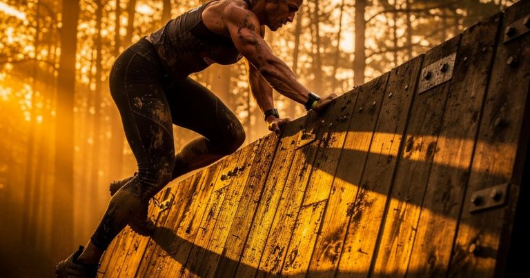 Strength athlete conquering a tall OCR wall obstacle at golden hour