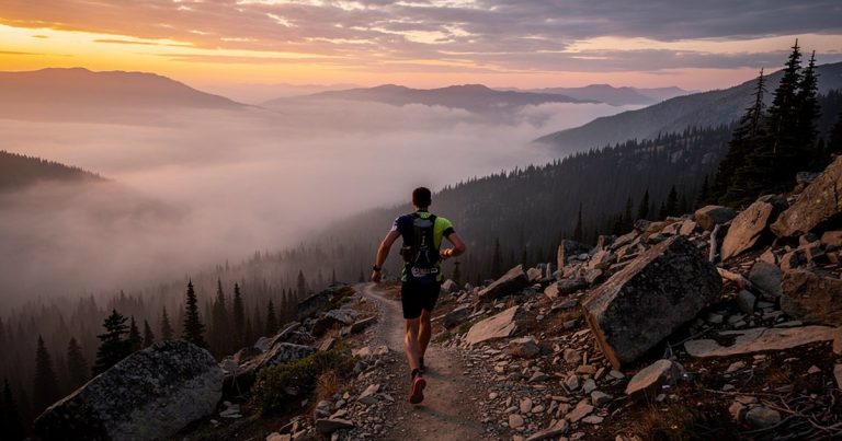 OCR athlete on a rugged mountain trail at dawn with misty valley below