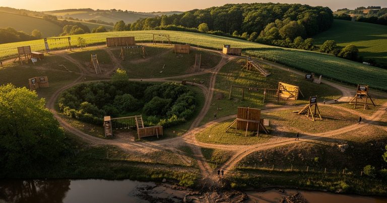 Aerial view of an OCR race venue on rolling farmland terrain at golden hour