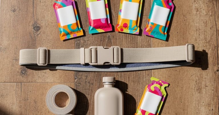 OCR race belt and fueling gear flat lay including energy gels and soft flask