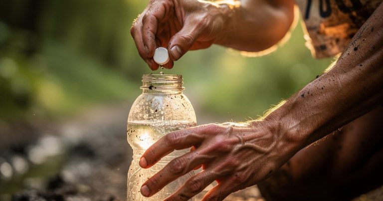 OCR athlete preparing electrolyte drink on the course