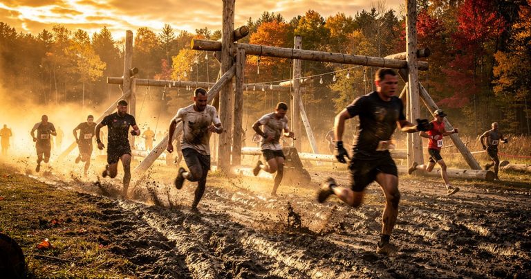 Athletes racing through an autumn OCR course at dawn