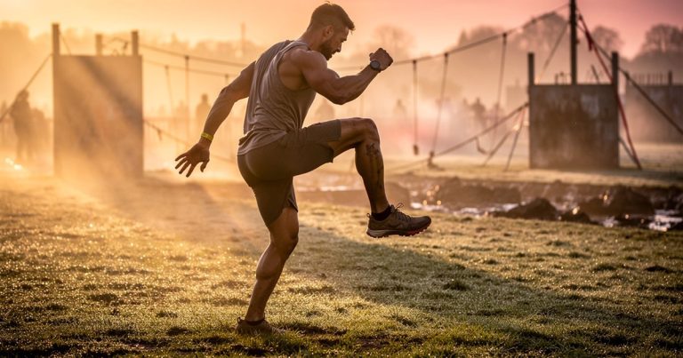 OCR athlete performing dynamic warm-up at sunrise before a race