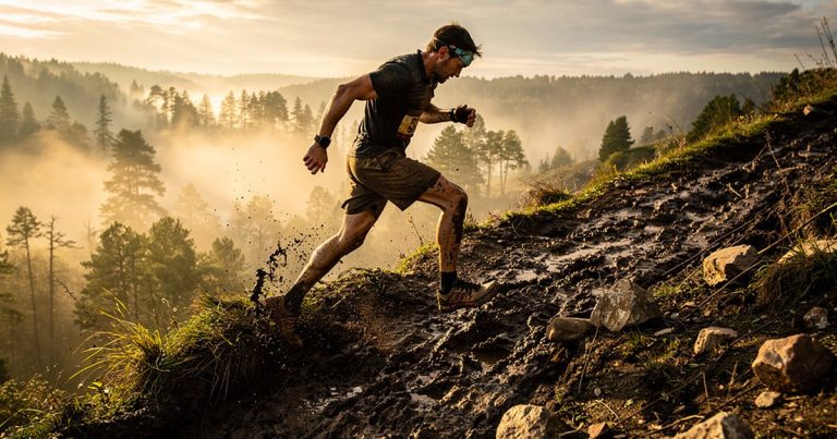 OCR athlete in full focus cresting a hill during a race