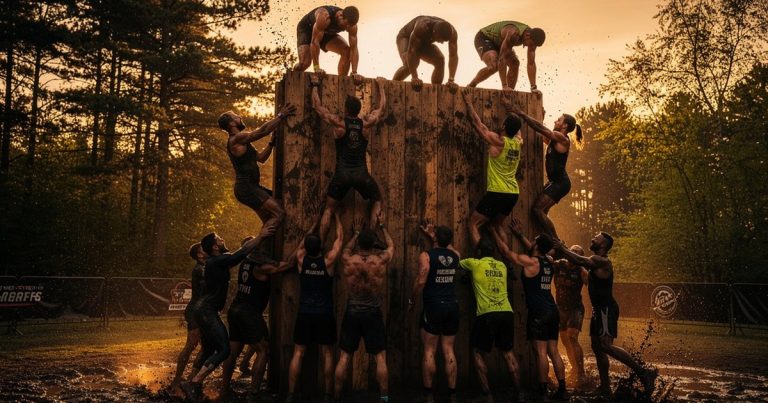 OCR training group helping each other over a tall wooden wall at dusk