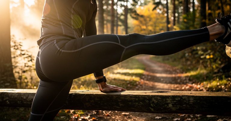 OCR athlete performing mobility stretching routine at sunrise on a trail