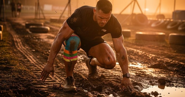 Athlete with kinesiology tape on knee at start of an OCR obstacle course