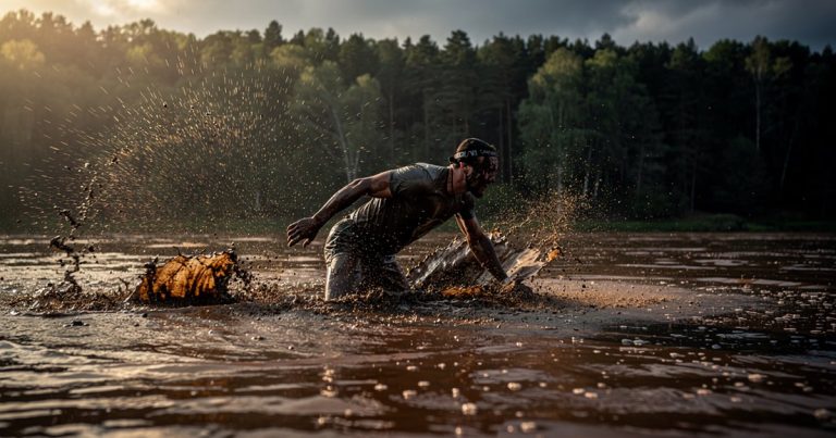 OCR athlete wading through a water obstacle crossing during a fall race
