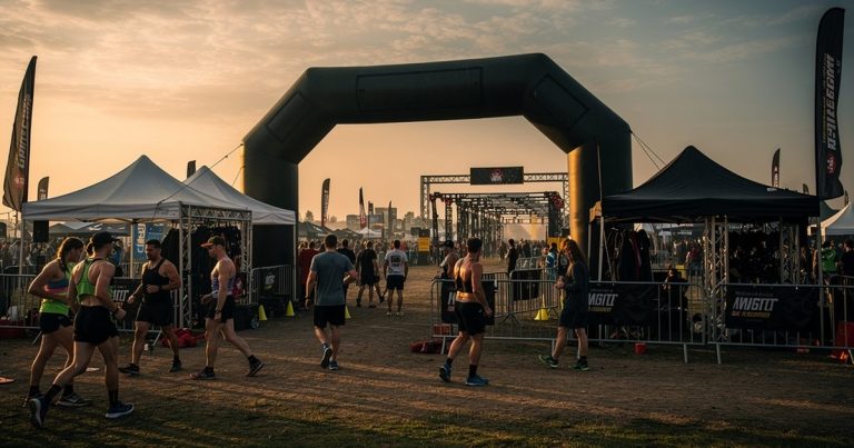 OCR race festival grounds with athletes and sponsor activation tents at dusk