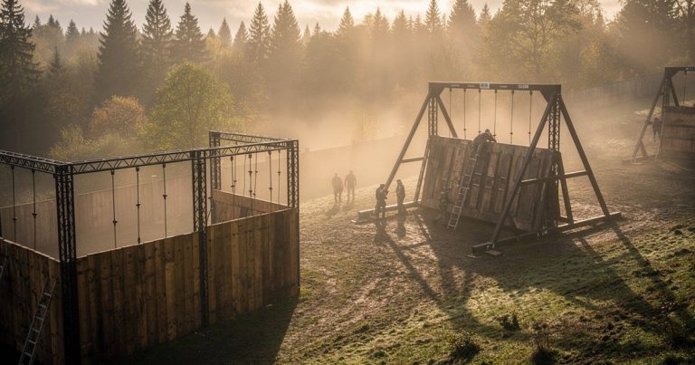 OCR race course being built at dawn, obstacles and terrain setup