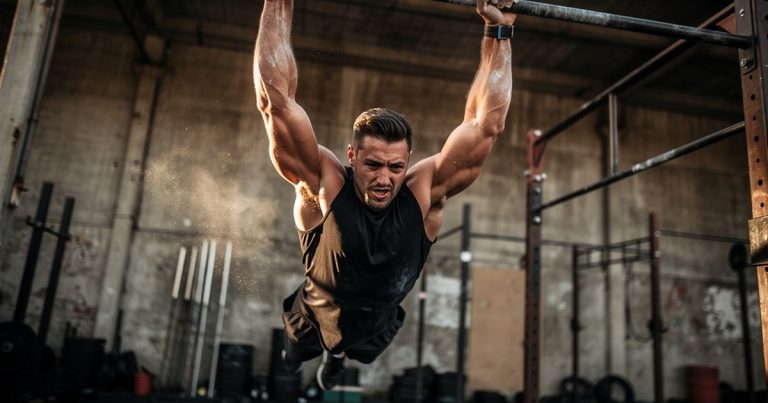 OCR athlete performing a dead hang strength benchmark test outdoors