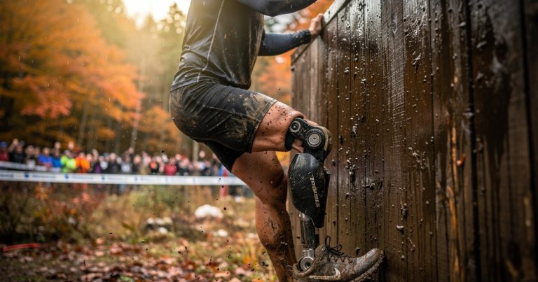 Adaptive OCR athlete scaling a muddy wall obstacle on a dramatic race course