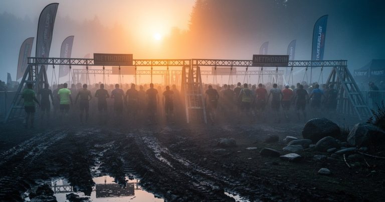 OCR athletes lined up at a starting gate at dawn ready to race
